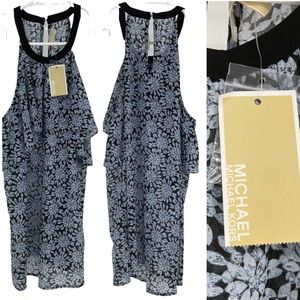 MICHEAL MICHEAL KORS NWT CLOUD NAVY BLUE BLACK FLORAL SLEEVELESS TANK TOP RUFFLE